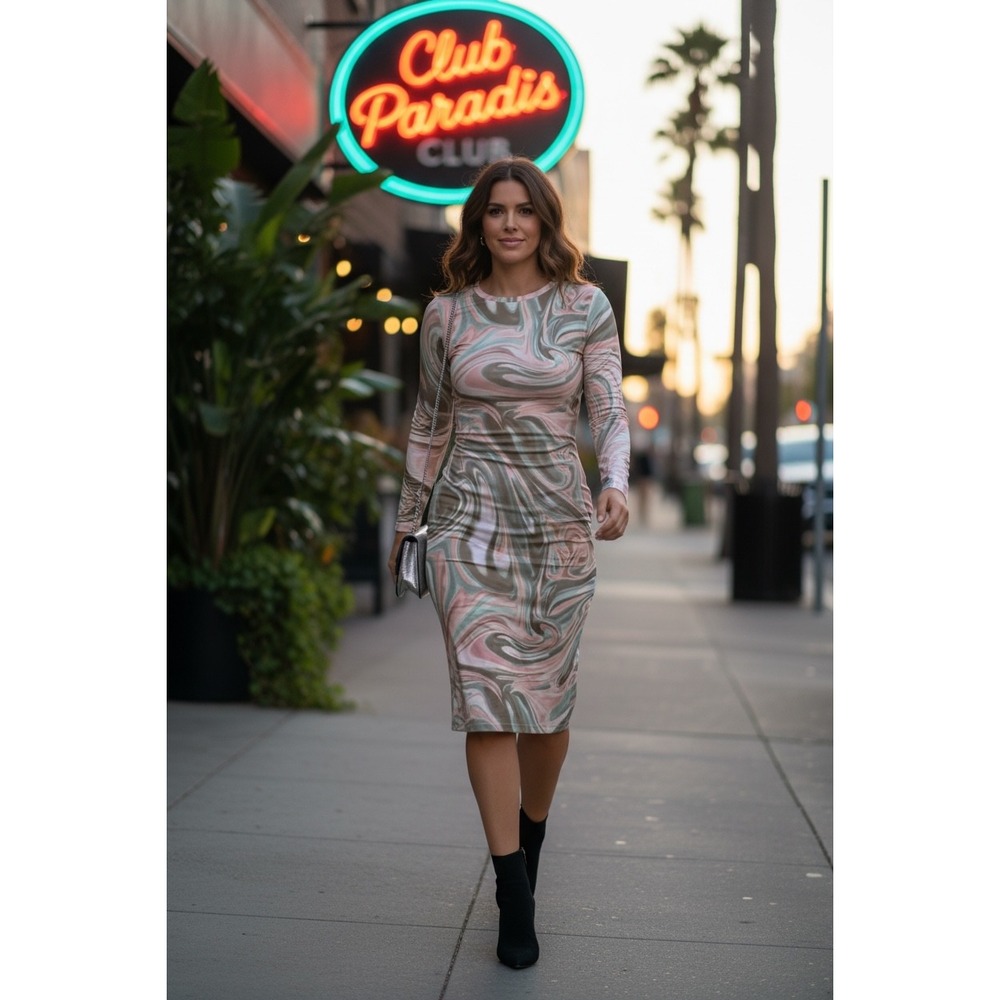 Forever 21 Womens Swirl Marble Print Long Sleeve Bodycon Midi Dress Green Pink M